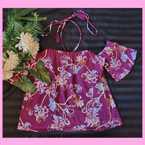 White House Black Market Halter Top Blouse Size 2 Purple floral Shoulder Self Br